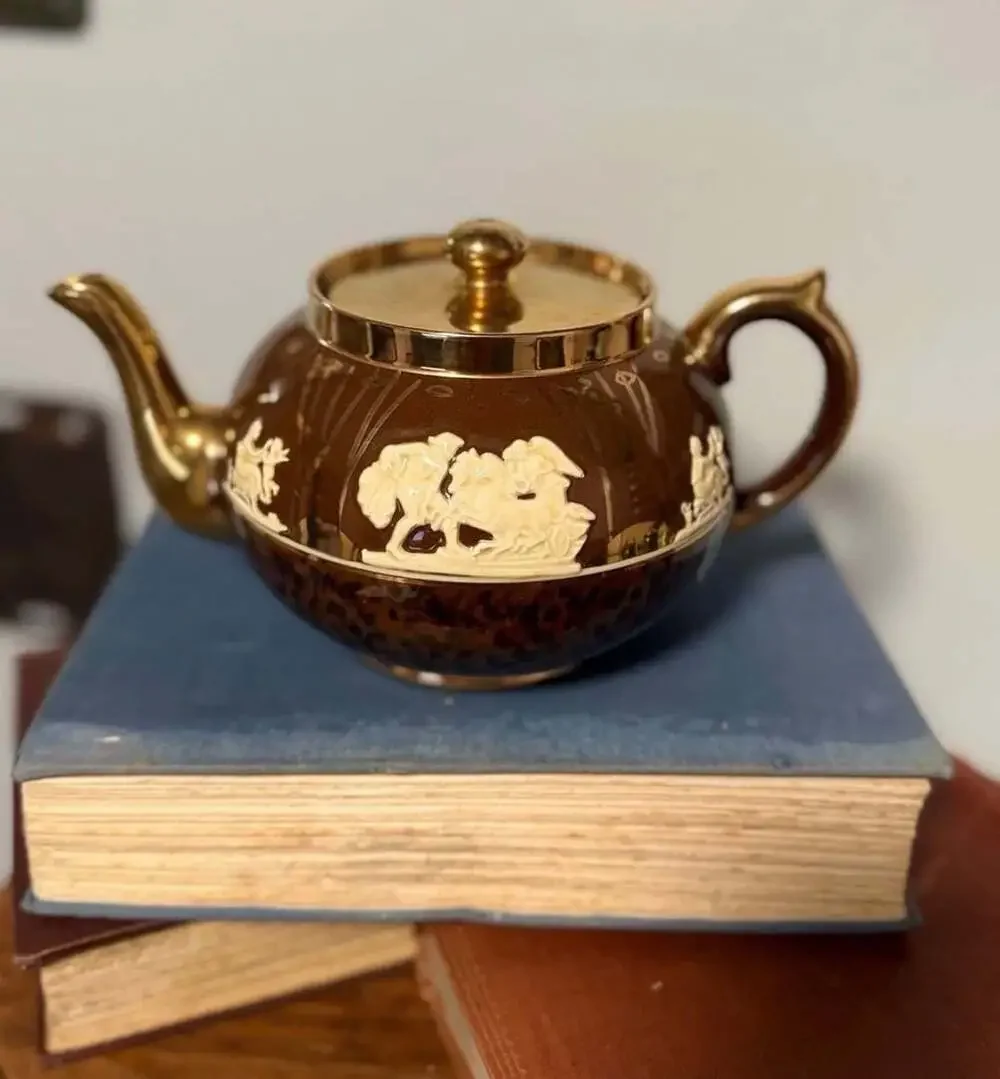 Gibsons Staffordshire England Vintage Ceramic Teapot Brown Gold Relief